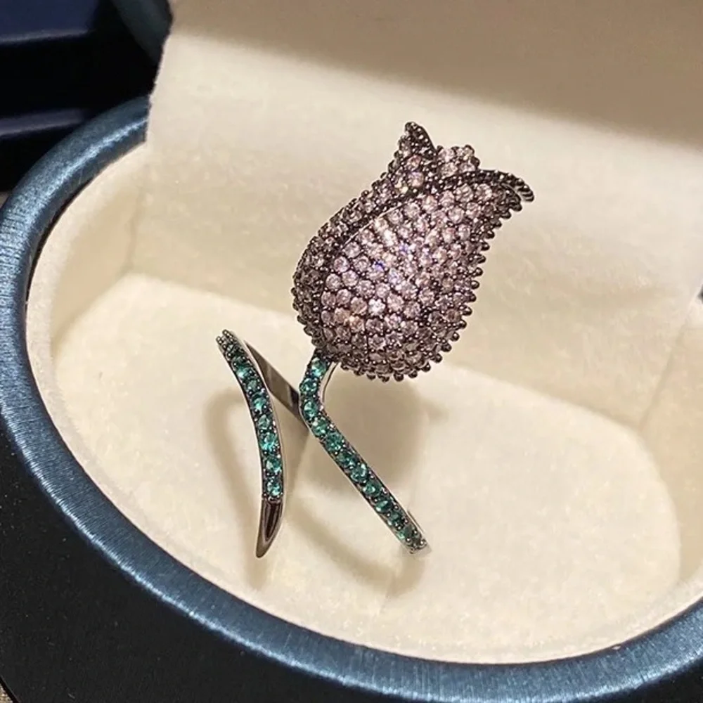 CZ Pink Green Tulip Gunmetal Adjustable Ring
